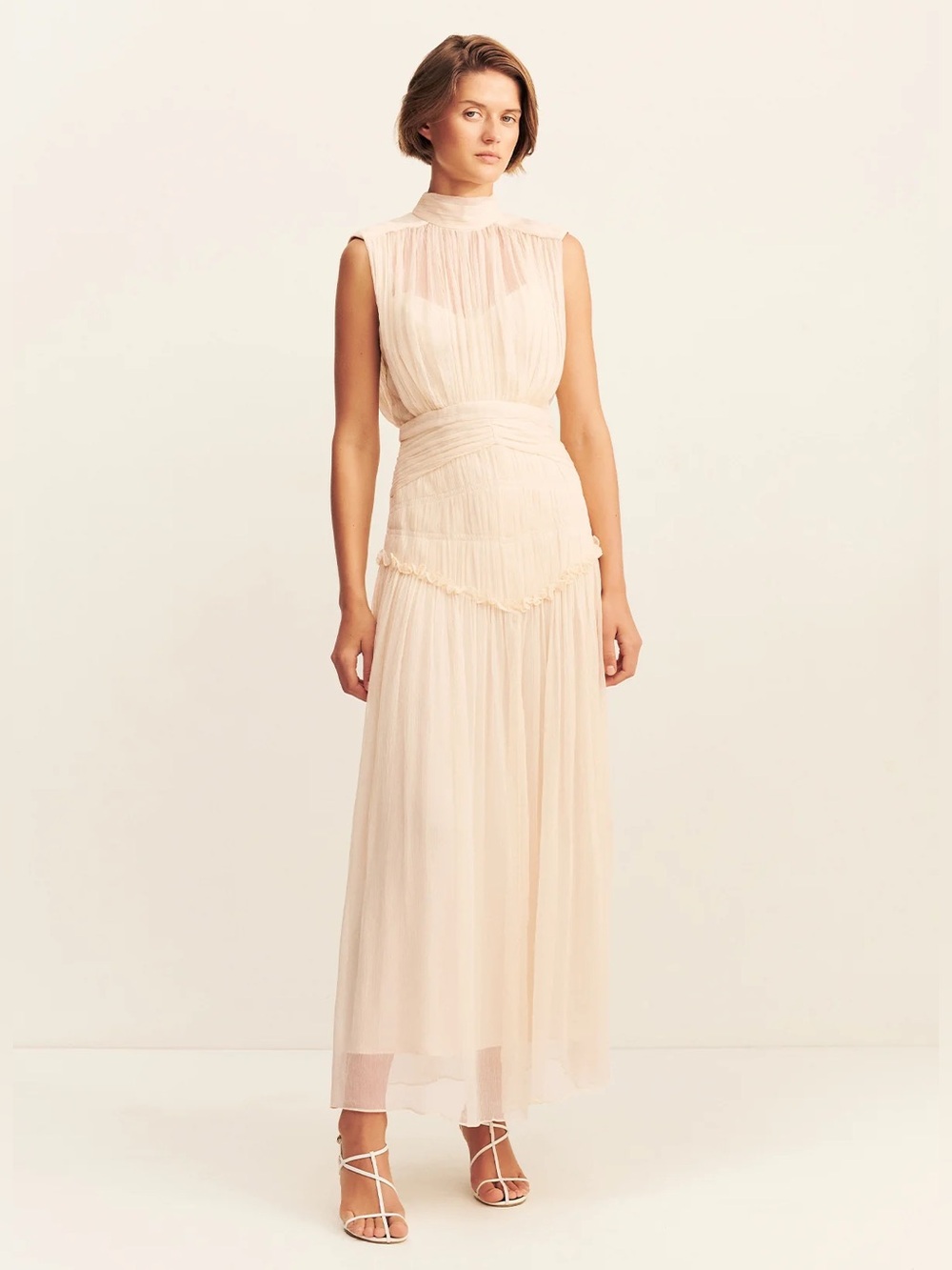 Shona Joy Sleeveless High Mock-Neck Pleated Maxi Dress in Light Cream
